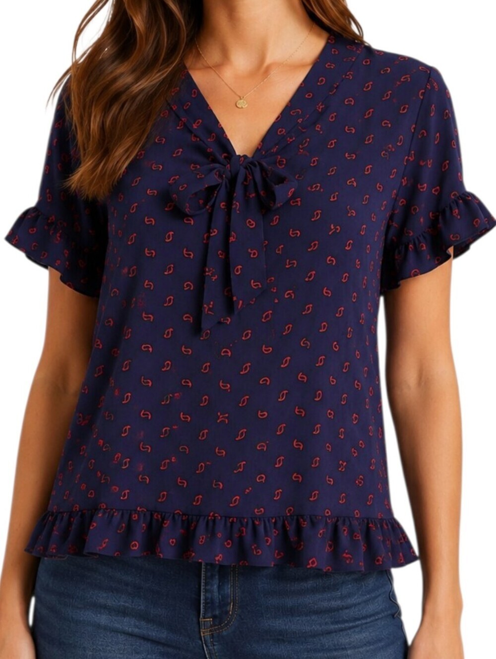 MICHAEL Michael Kors Ruffle Bow Blouse Women Small Red Blue